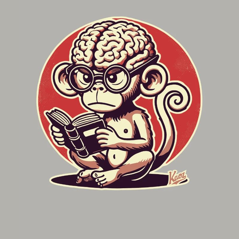 Nerd-Affe mit großem Geirn liest ein Buch
