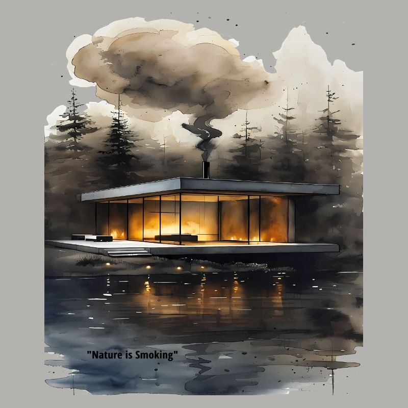 Cabane moderne éclairée par le feu sur le lac