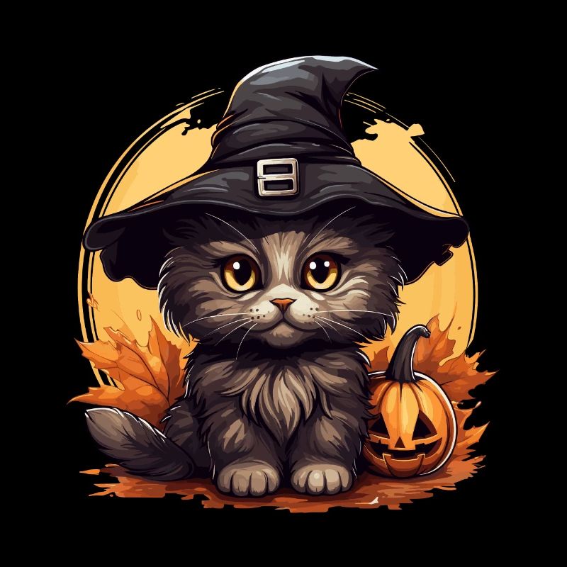Cat with hat and pumpkin on Halloween