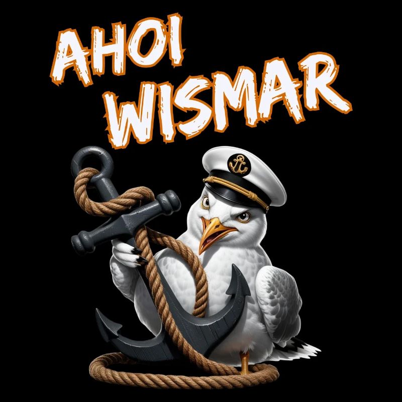 Ahoi Wismar mit lustige Möwe und Anker