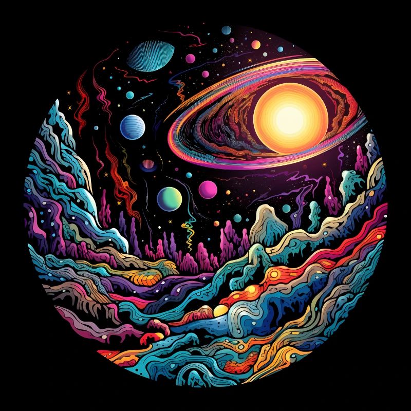 Surrealist space artwork with planets
