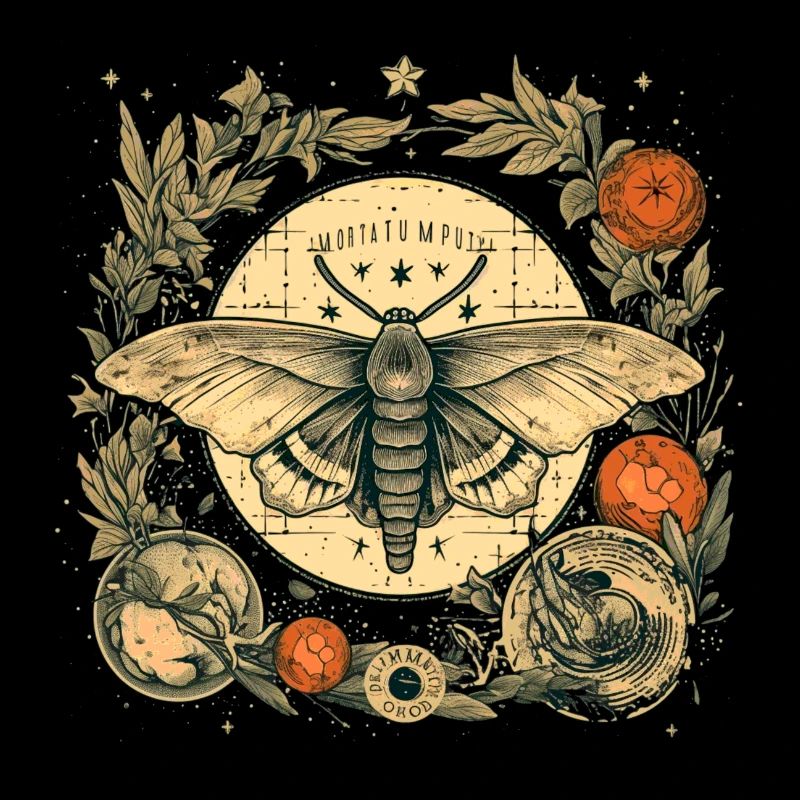 Mystical moth with magical herbarium and moons