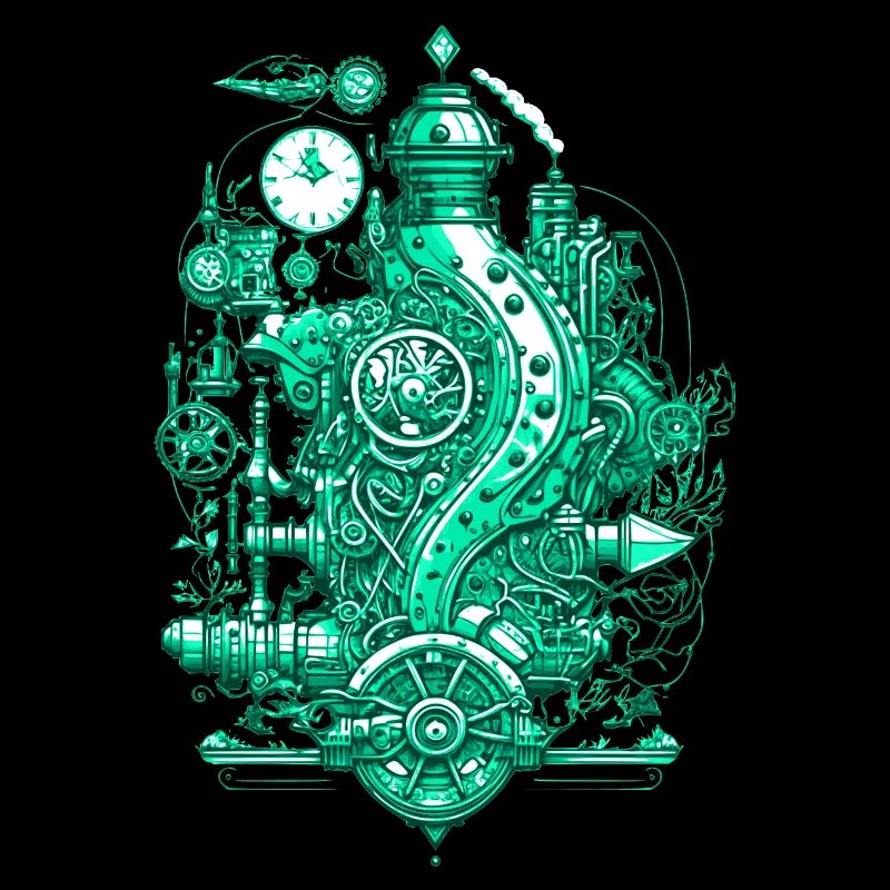 Steampunk steam engine with clockwork and technology