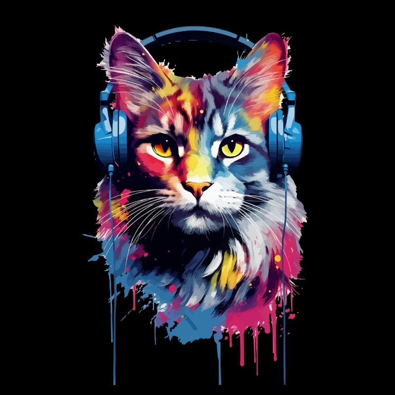 Bunte Maine Coon Katze mit Kopfhörer