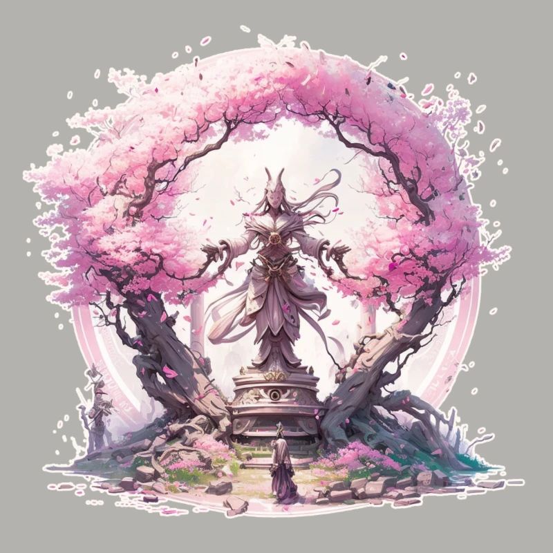 Statue under a cherry blossom tree