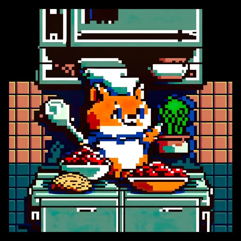 8 bit cooking house cat with wooden spoon in kitchen