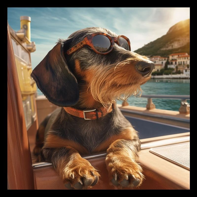 Teckel à poil dur avec lunettes de soleil en vacances