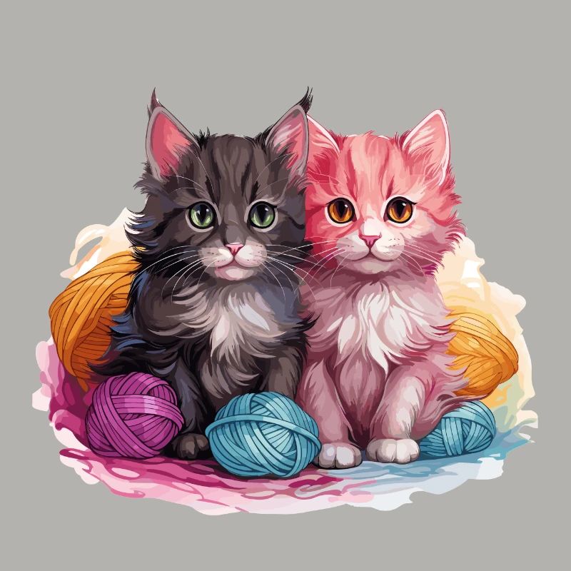 Deux chatons avec pelote de laine dans un style graphique vectoriel