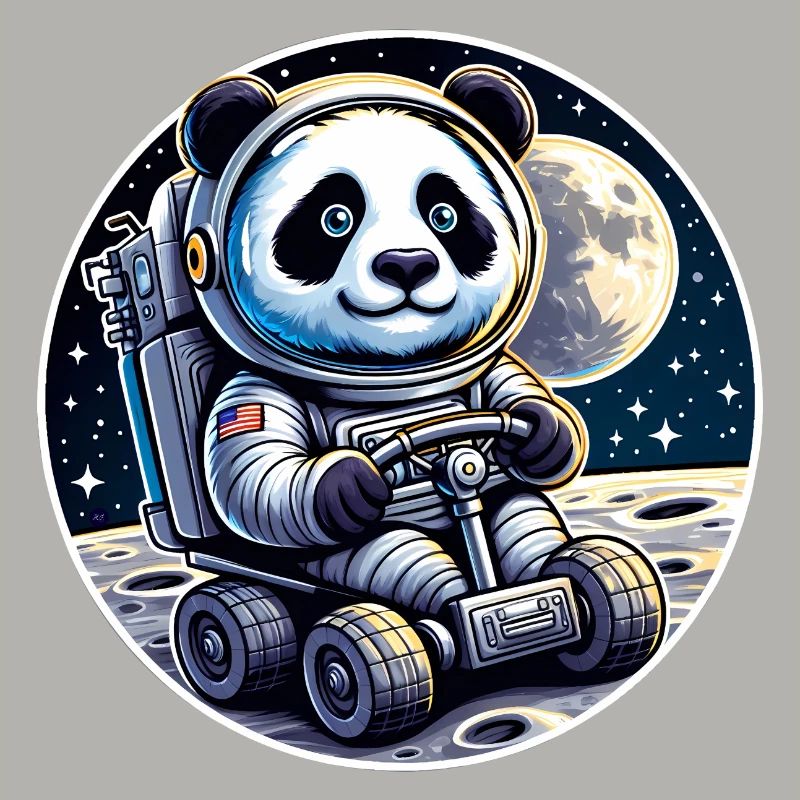 Panda, der ein Mondauto fährt