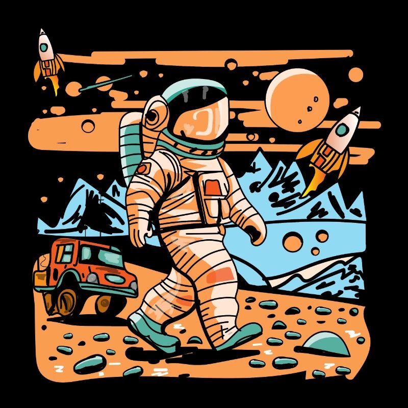 Space astronaut walking in alien planet and rocket