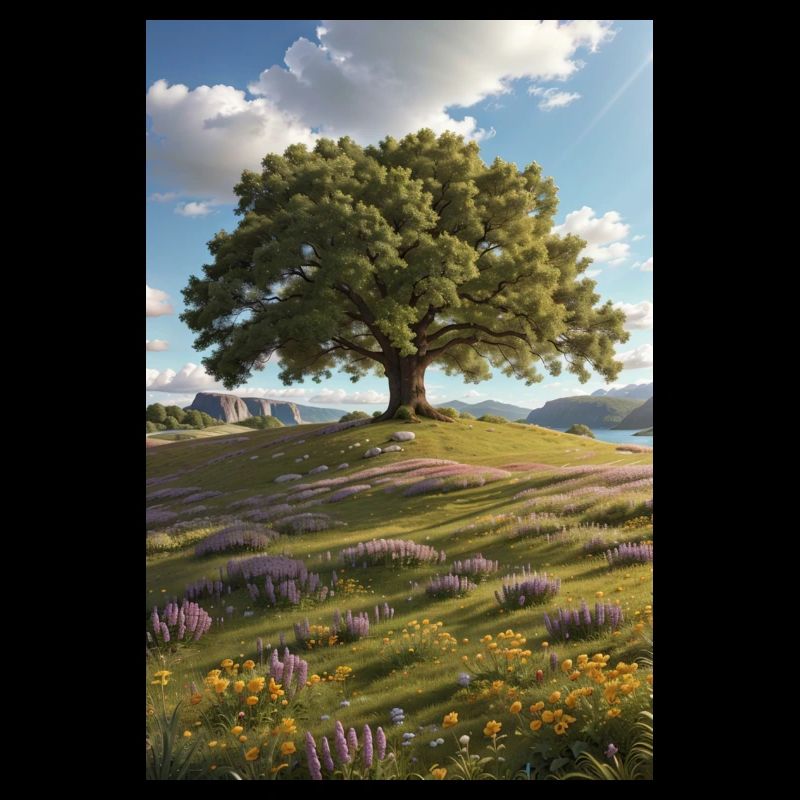 Chêne sur prairie de fleurs sauvages