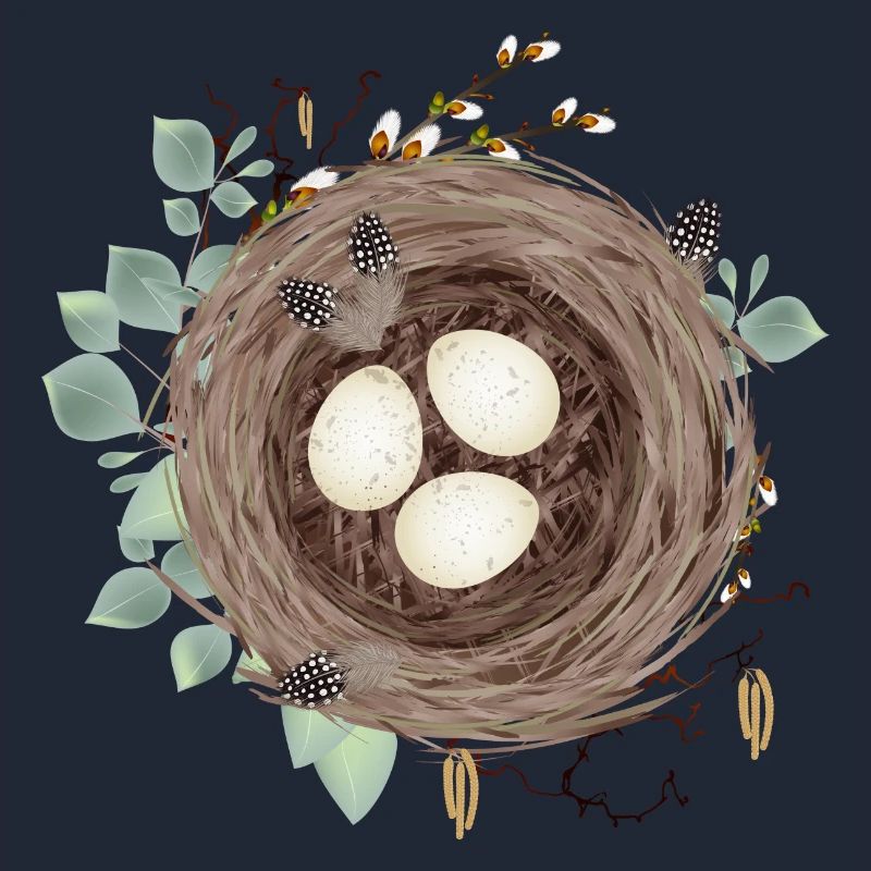 Vogelnest oder Osternest mit drei Eier und Federn