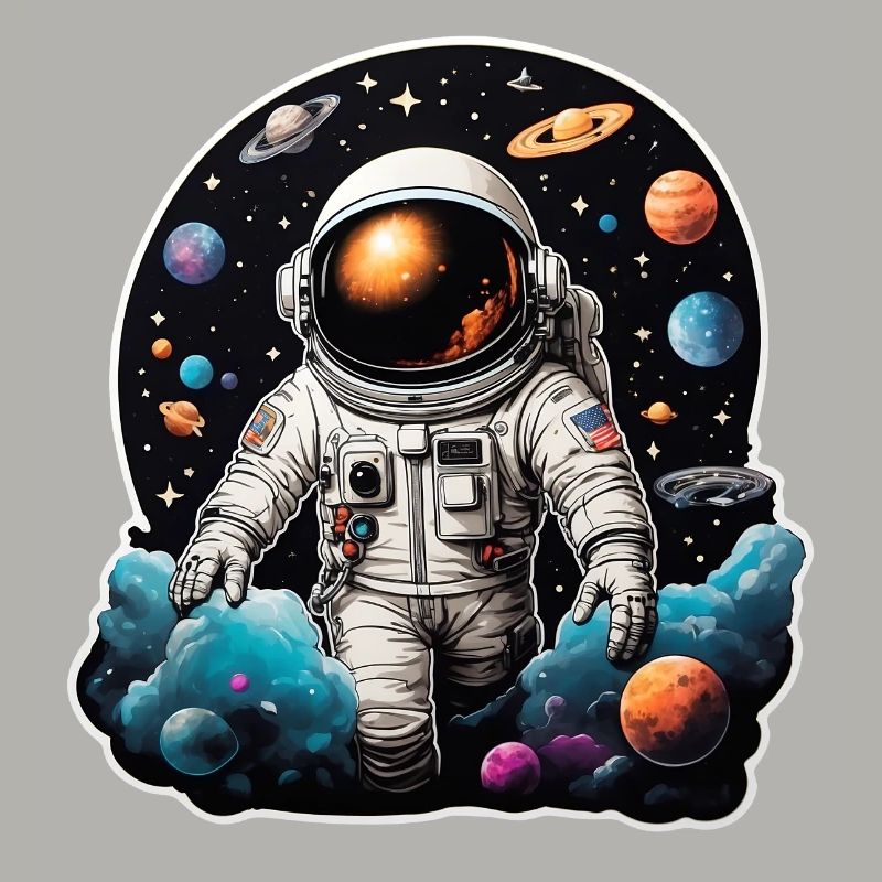 Astronaute sur la route dans l’espace avec des planètes