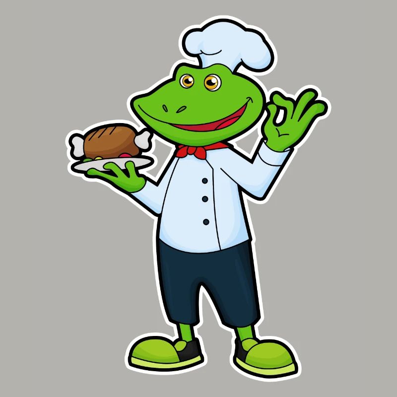 Frosch als Koch mit Servierteller & Hähnchen