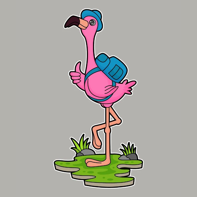 Flamingo as a hiker with backpack
