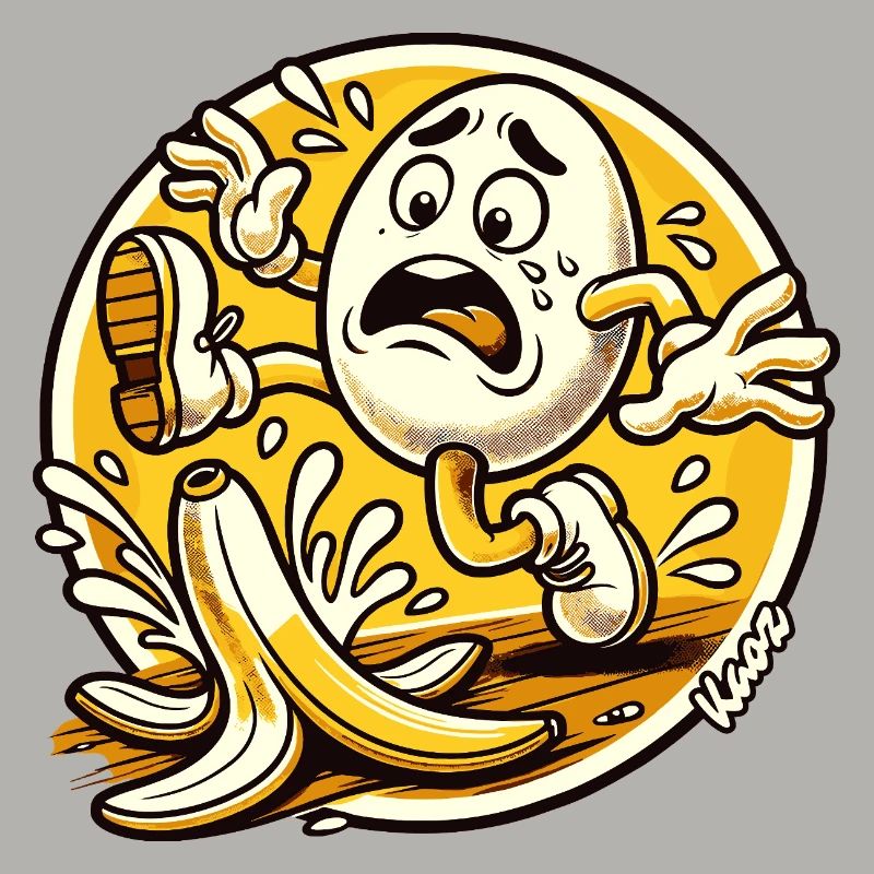 Comic egg slips on banana peel