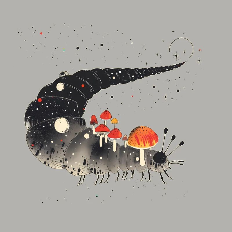 Surreal Caterpillar with Toadstools - Forest Motif