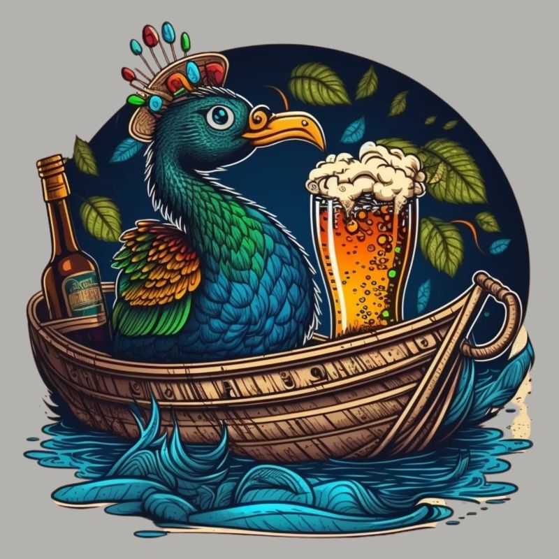 Pfau im Boot mit Bierglas