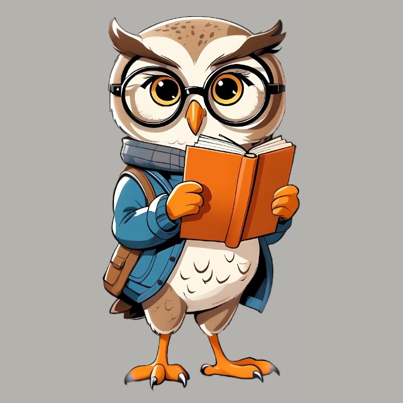 Lernende Eule mit Brille liest Buch