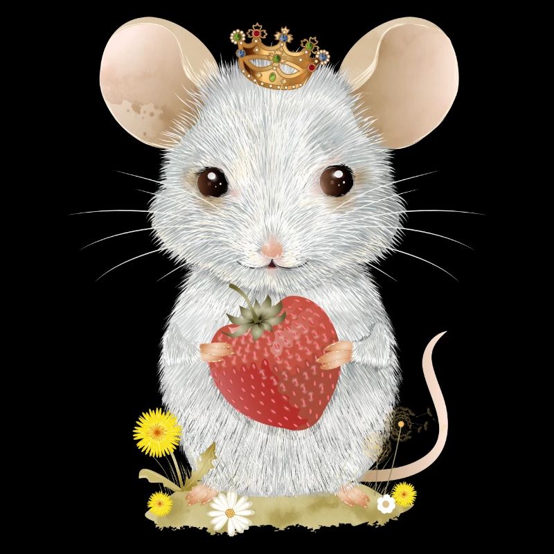 weiße Maus mit Krone,Erdbeere und Löwenzahn Blüten
