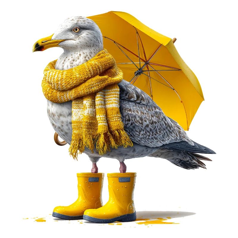 Mouette avec parapluie jaune et bottes