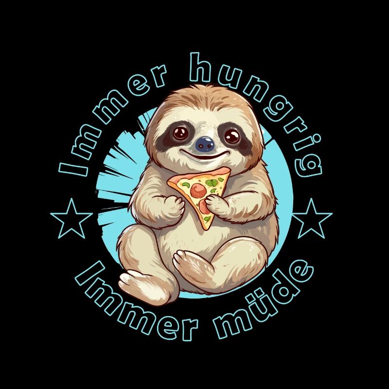 Faultier mit einem Stück Pizza müde und hungrig