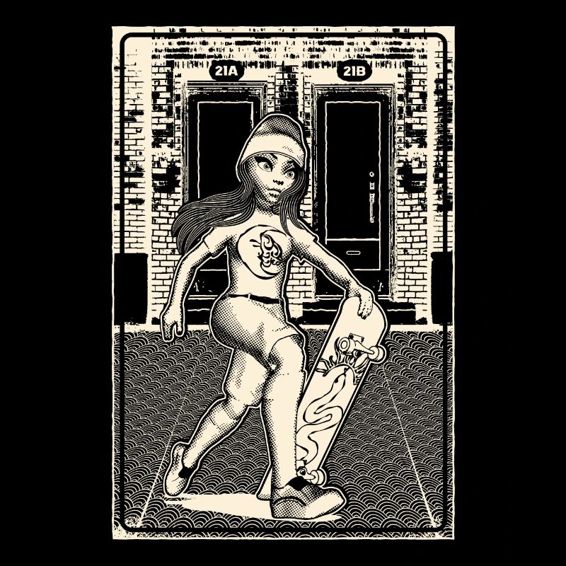 Mädchen mit Skateboard vor Backsteinmauerwerk.