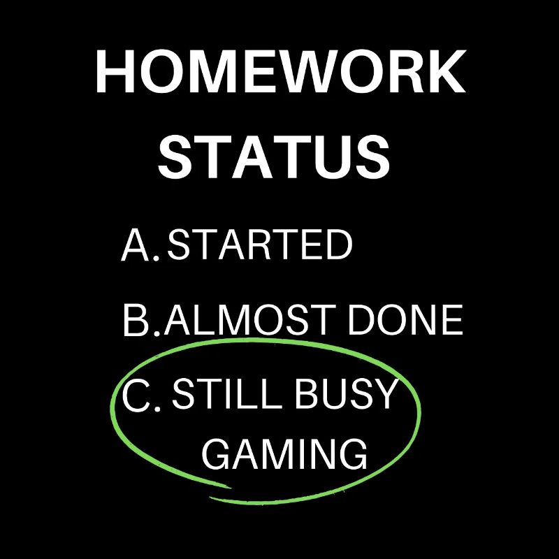 gaming funny homework status with white text
