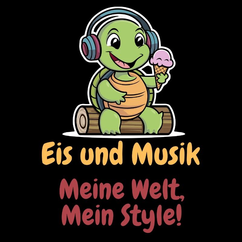 Schildkröte mit Kopfhörern und Eis in der Hand