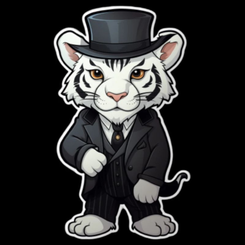 cute white tiger wearing a black suit and hat