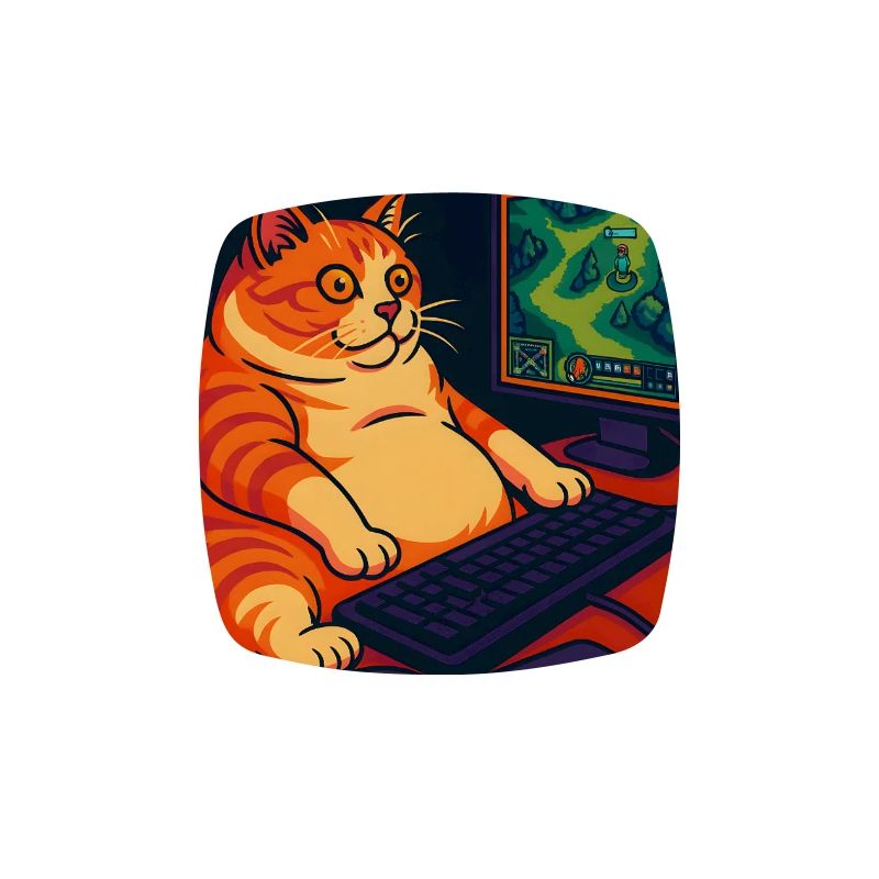 Chubby Gaming Cat with Retro Pixel Art