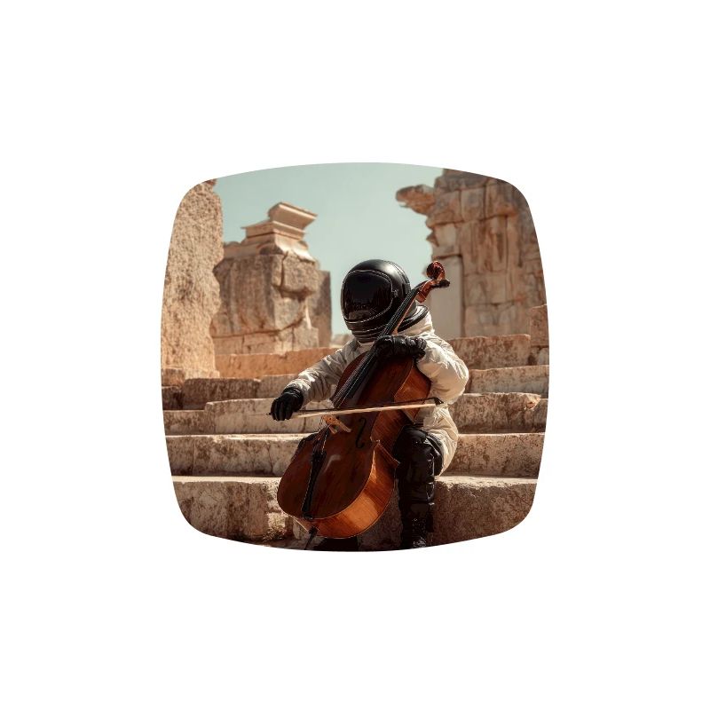 Futuristic Astronaut Playing Cello on Ancient Step