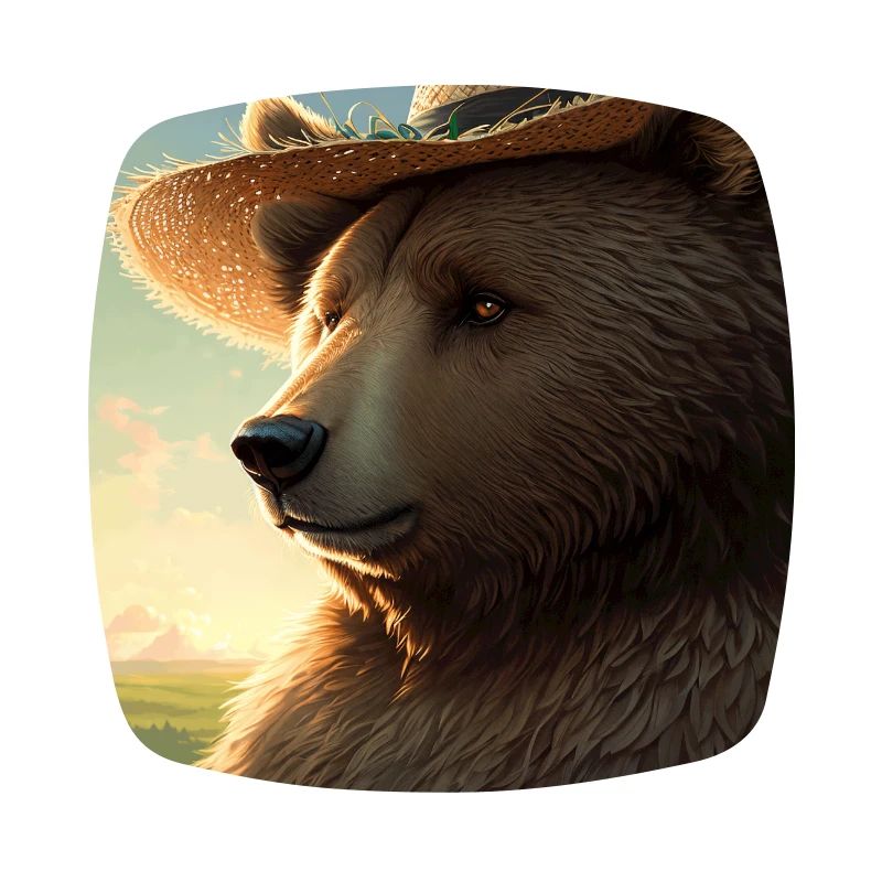 Cute Brown Bear Artwork with Straw Hat Meadow Art