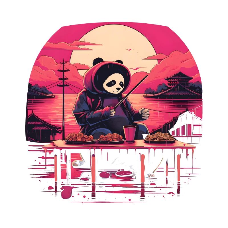 Synthwave eating Panda Japan Sunset
