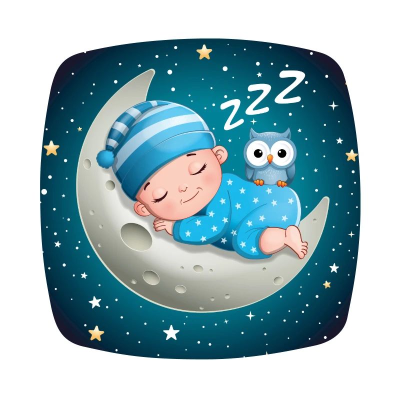 Schlafender Junge auf dem Mond mit einer Eule.