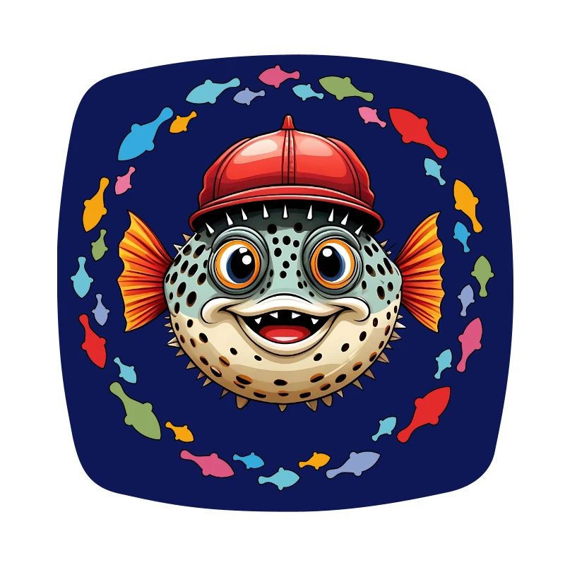 Puffer fish with red baseball cap and colorful fish