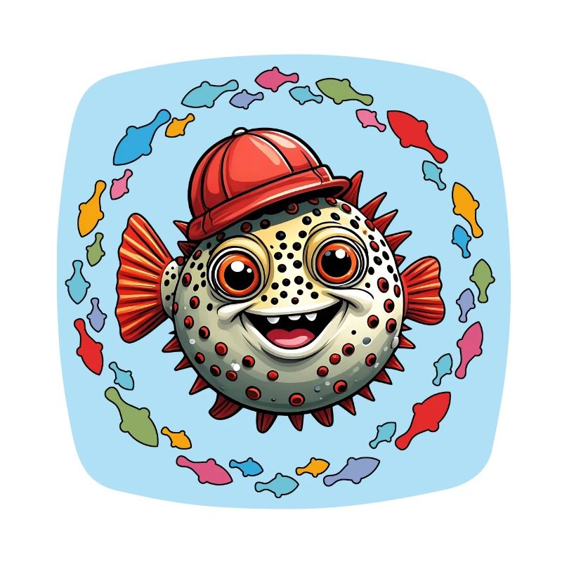 Poisson-globe avec casquette de baseball rouge et poisson coloré
