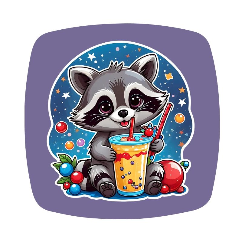 Cute raccoon drinking lemonade with straw