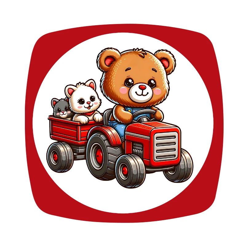 Teddy bear and kitten driving tractor with trailer