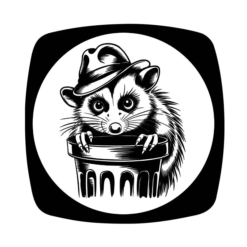 Opossum mit Hut hinter einer Mülltonne