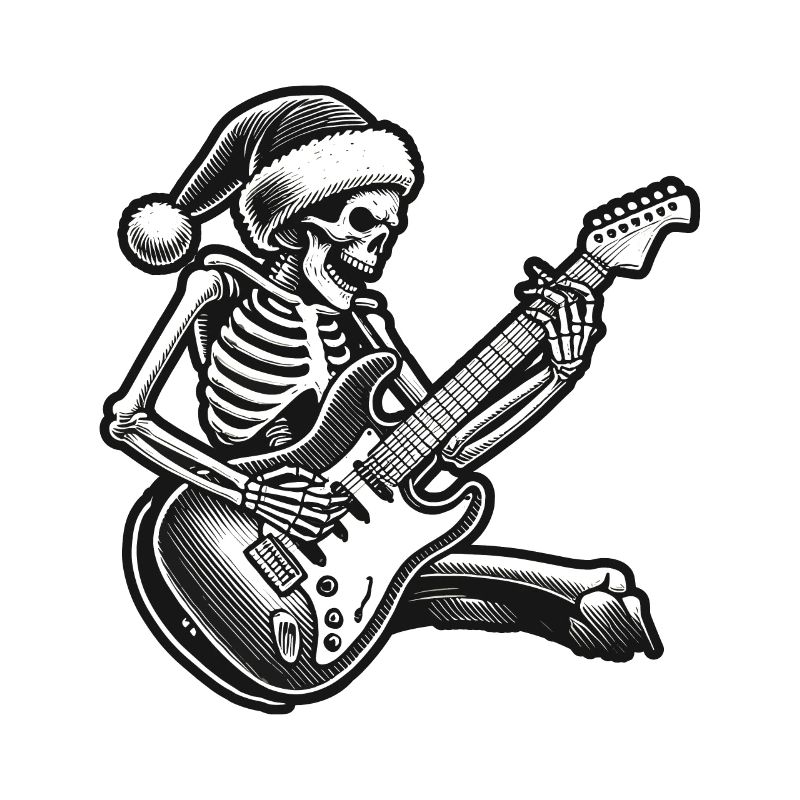 Skeleton rocks guitar with santa hat