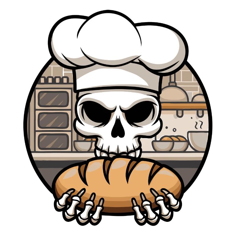 Funny Baker Skull with Bread. Old man bakes
