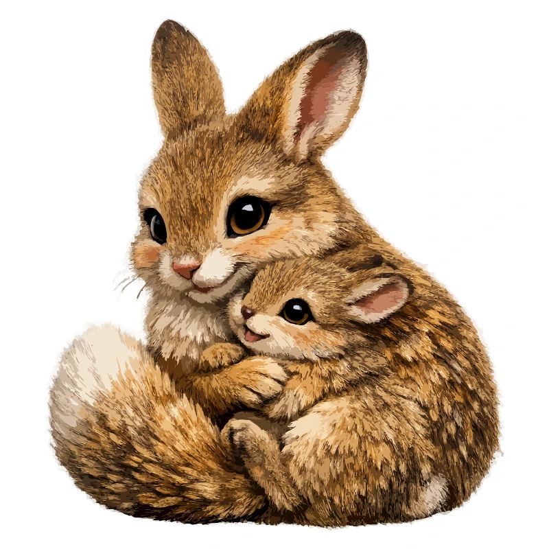 Hase umarmt Mutter und Junges