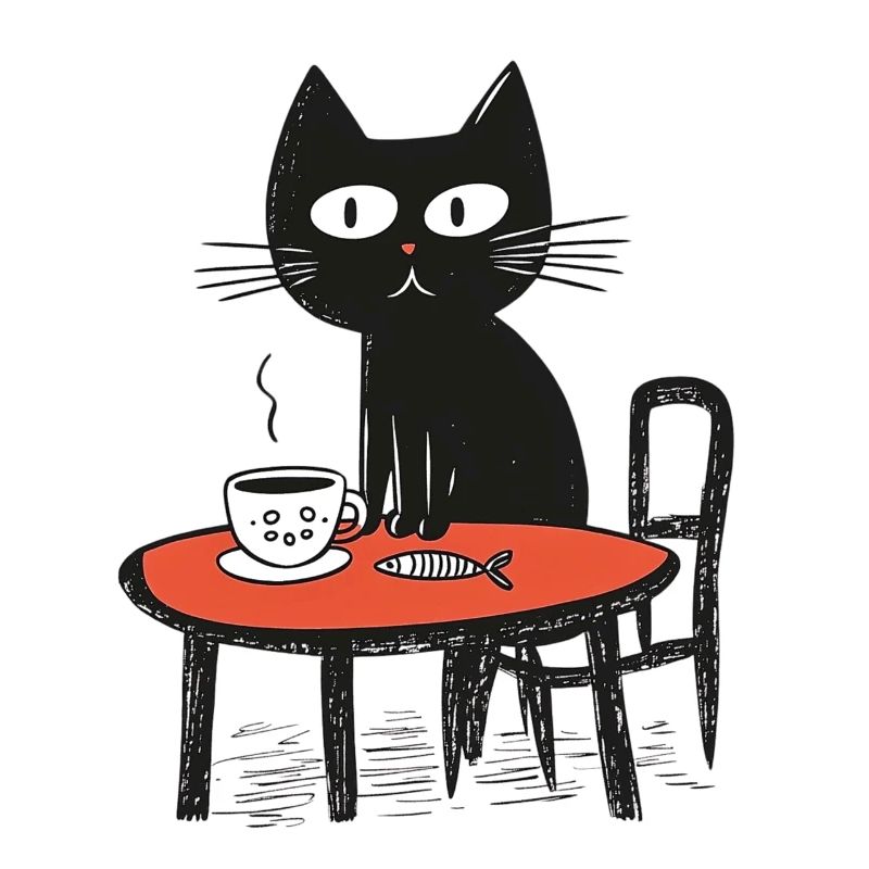 Chat naïf avec du café et du poisson à table