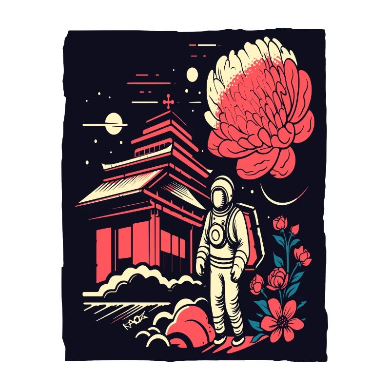 Astronaute devant un temple japonais avec des fleurs