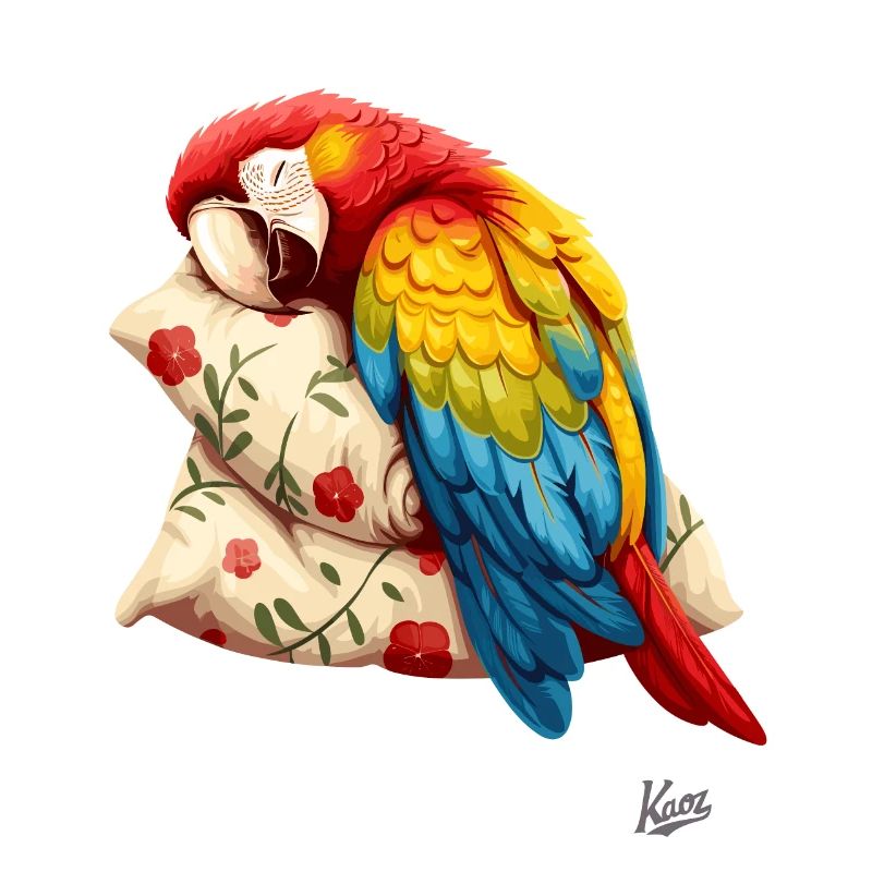Little cute macaw parrot sleeping on pillow