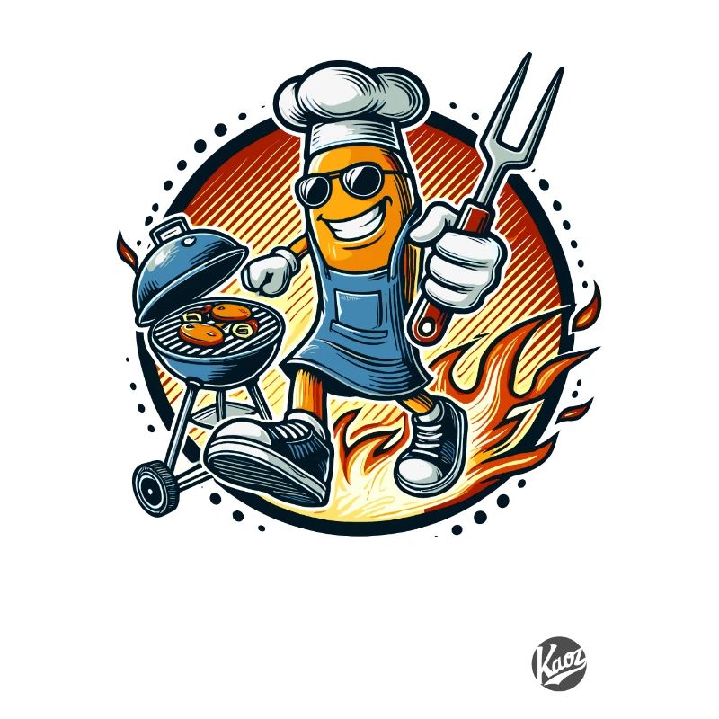 Grill master retro cartoon grilling with flames