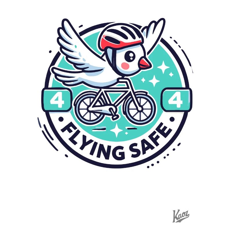 Bird with helmet on bicycle flying safely