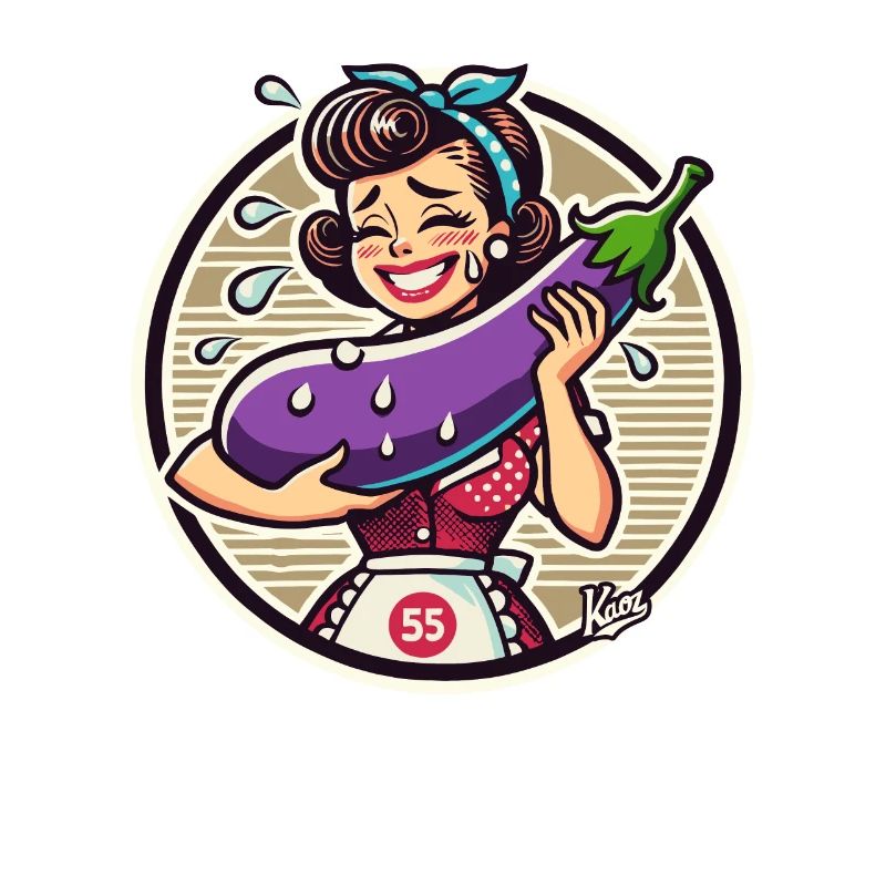Hausfrau hält schüchtern eine große Aubergine