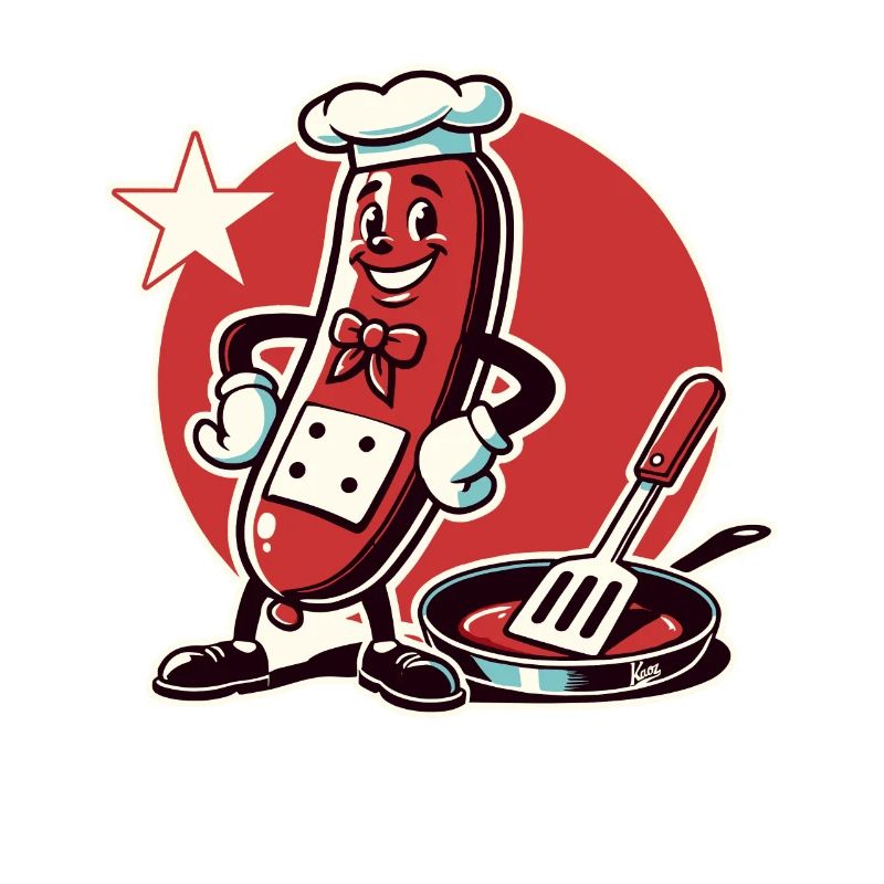 The chef is a funny bratwurst with a pan